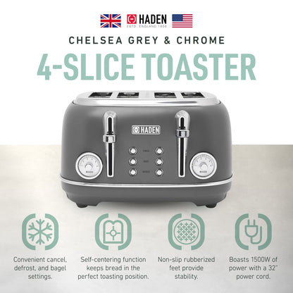 Haden Chelsea Stainless Steel 4 Slice Toaster, Extra Wide Slots, Grey & Chrome