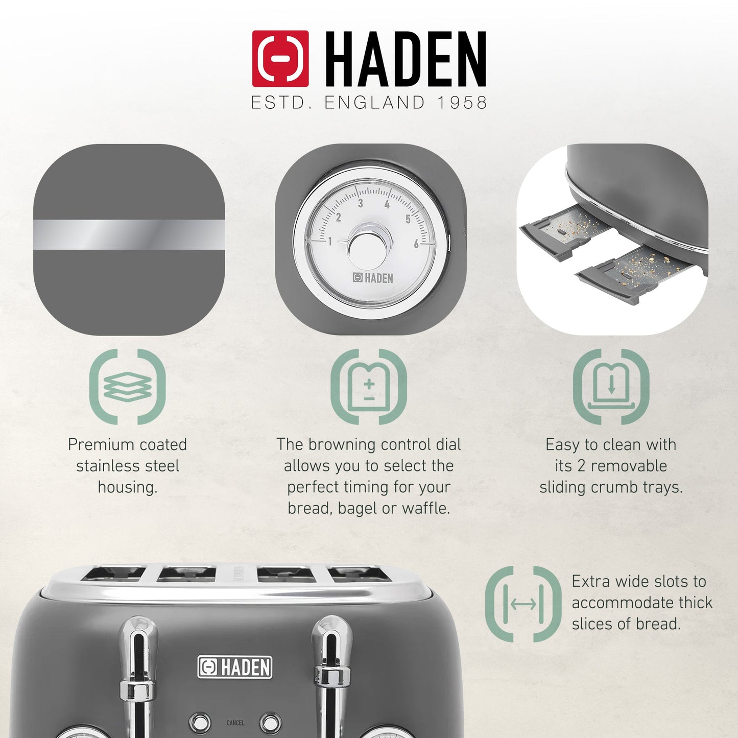 Haden Chelsea Stainless Steel 4 Slice Toaster, Extra Wide Slots, Grey & Chrome