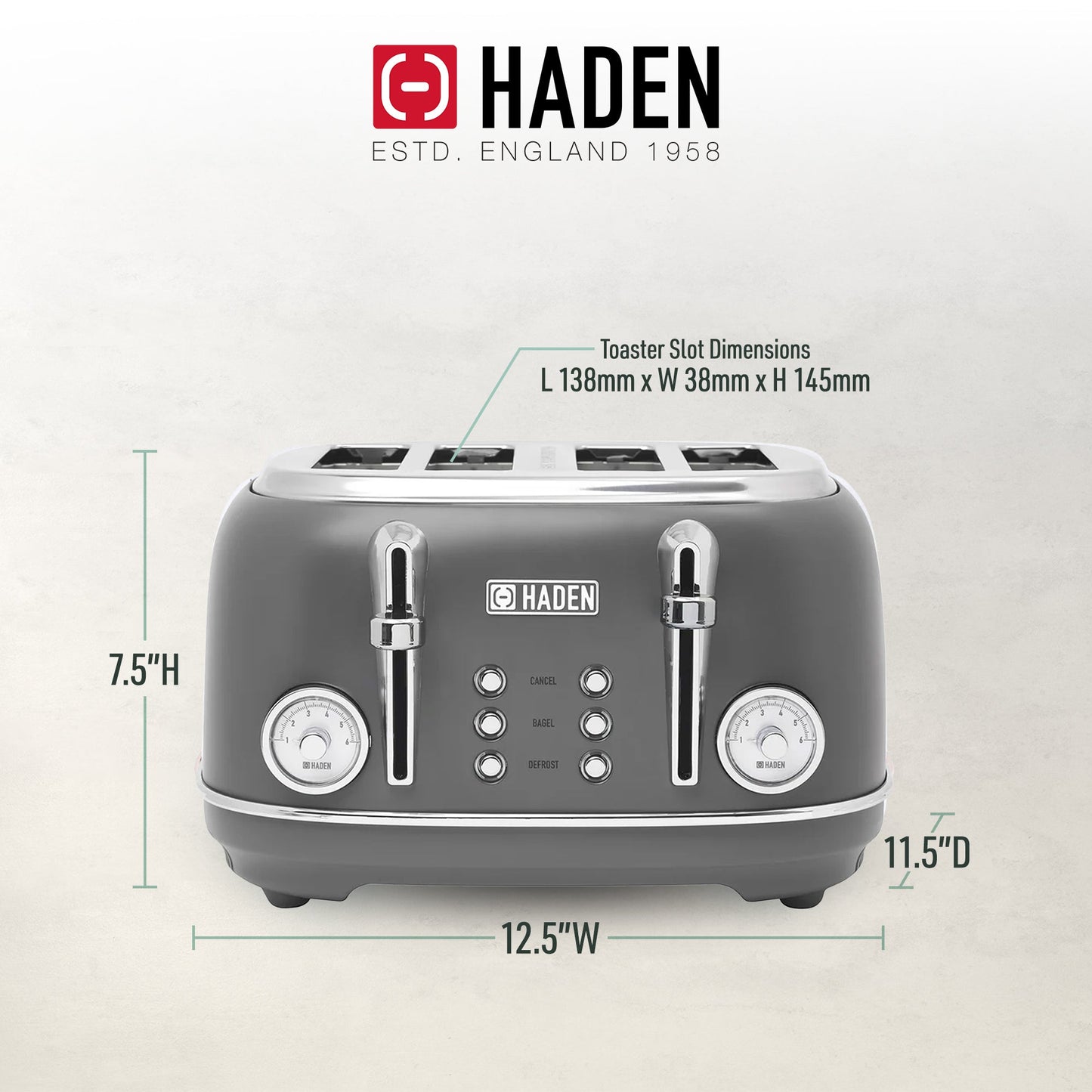 Haden Chelsea Stainless Steel 4 Slice Toaster, Extra Wide Slots, Grey & Chrome