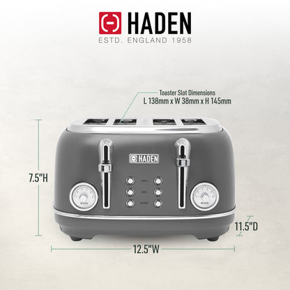 Haden Chelsea Stainless Steel 4 Slice Toaster, Extra Wide Slots, Grey & Chrome