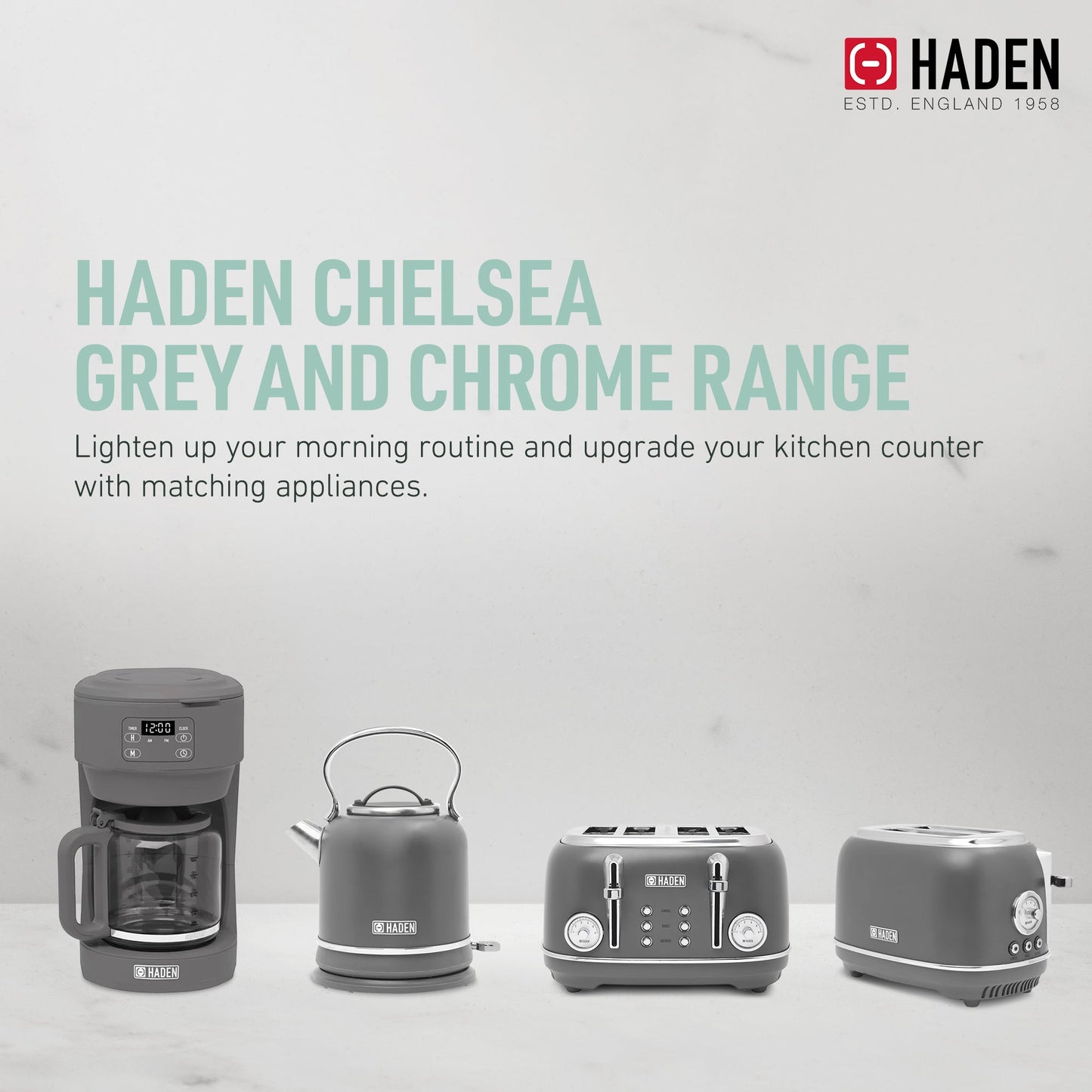 Haden Chelsea Stainless Steel 4 Slice Toaster, Extra Wide Slots, Grey & Chrome