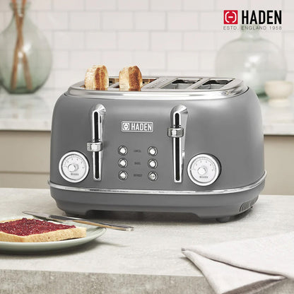 Haden Chelsea Stainless Steel 4 Slice Toaster, Extra Wide Slots, Grey & Chrome