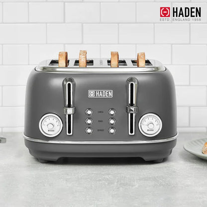 Haden Chelsea Stainless Steel 4 Slice Toaster, Extra Wide Slots, Grey & Chrome