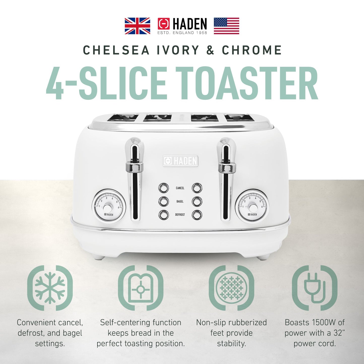 Haden Chelsea Stainless Steel 4 Slice Toaster, Extra Wide Slots, Ivory & Chrome
