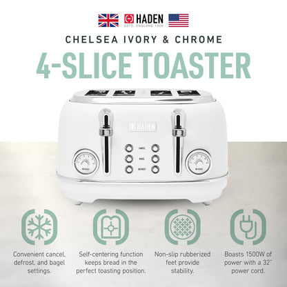 Haden Chelsea Stainless Steel 4 Slice Toaster, Extra Wide Slots, Ivory & Chrome