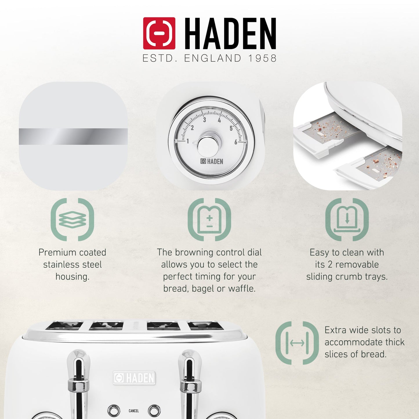 Haden Chelsea Stainless Steel 4 Slice Toaster, Extra Wide Slots, Ivory & Chrome