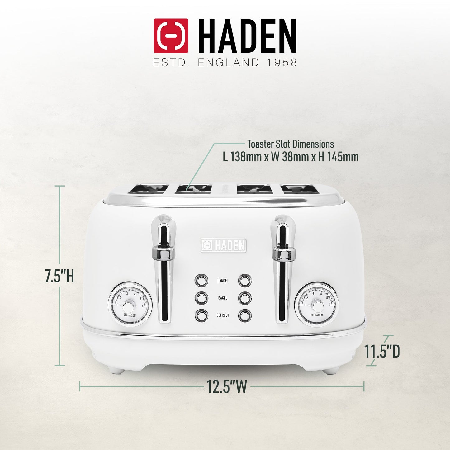 Haden Chelsea Stainless Steel 4 Slice Toaster, Extra Wide Slots, Ivory & Chrome