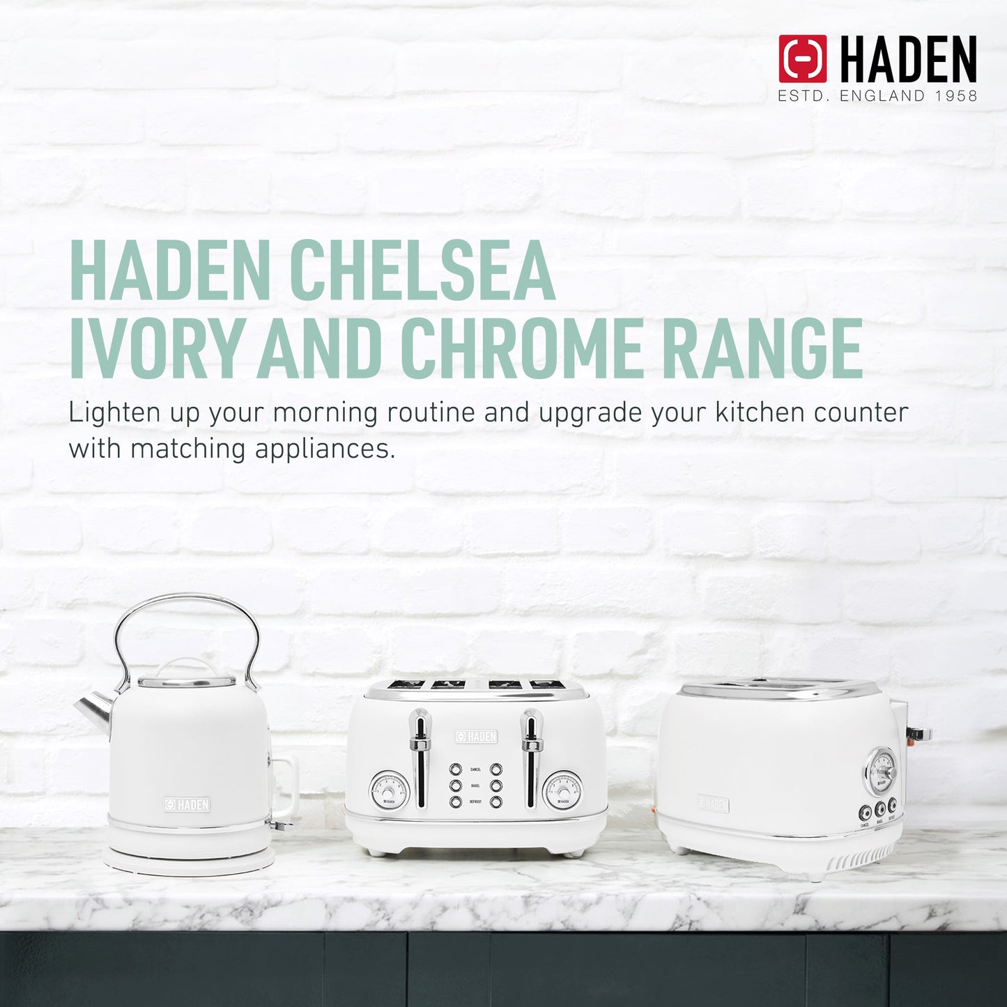 Haden Chelsea Stainless Steel 4 Slice Toaster, Extra Wide Slots, Ivory & Chrome