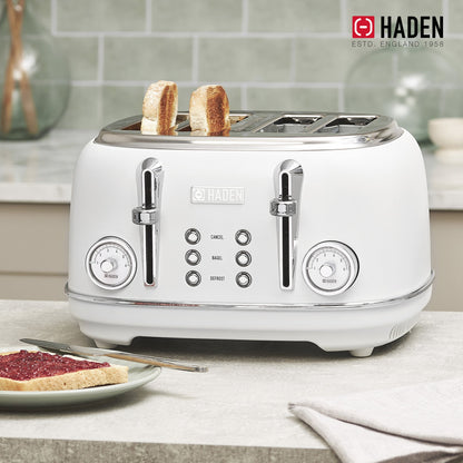 Haden Chelsea Stainless Steel 4 Slice Toaster, Extra Wide Slots, Ivory & Chrome