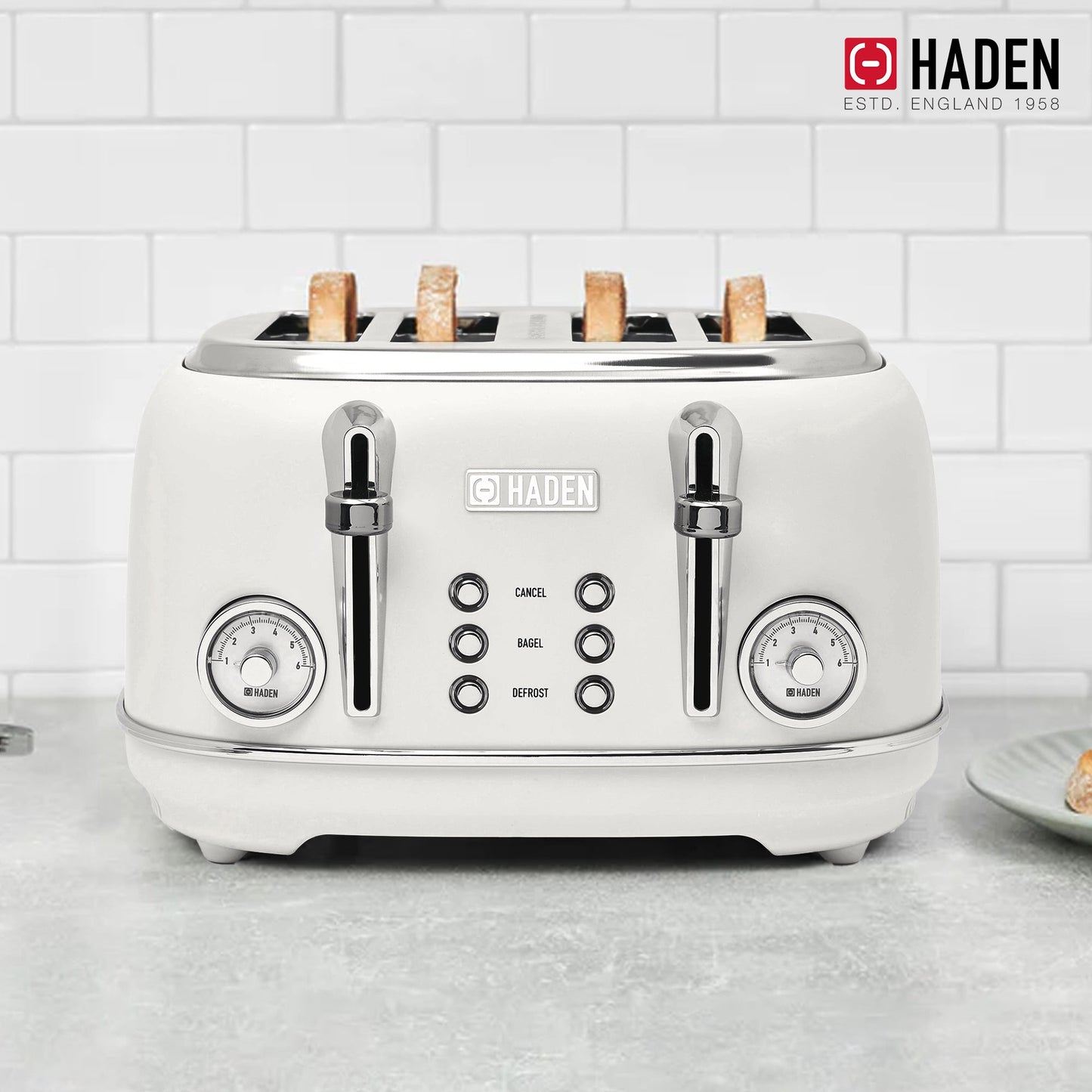 Haden Chelsea Stainless Steel 4 Slice Toaster, Extra Wide Slots, Ivory & Chrome