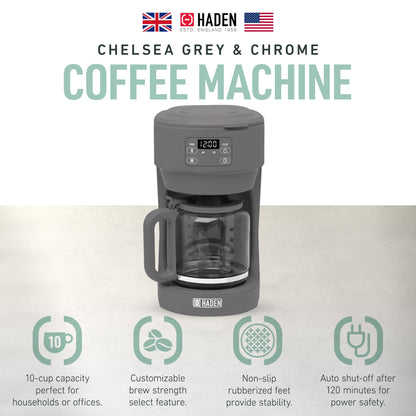 Haden Chelsea 10 Cup Digital Drip Coffee Maker with Glass Carafe, Grey & Chrome