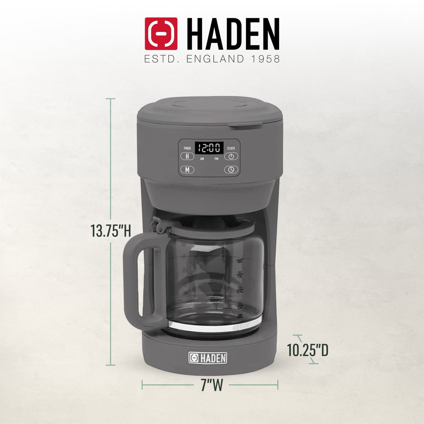 Haden Chelsea 10 Cup Digital Drip Coffee Maker with Glass Carafe, Grey & Chrome