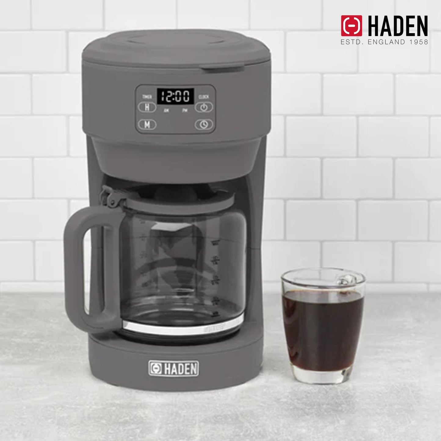Haden Chelsea 10 Cup Digital Drip Coffee Maker with Glass Carafe, Grey & Chrome