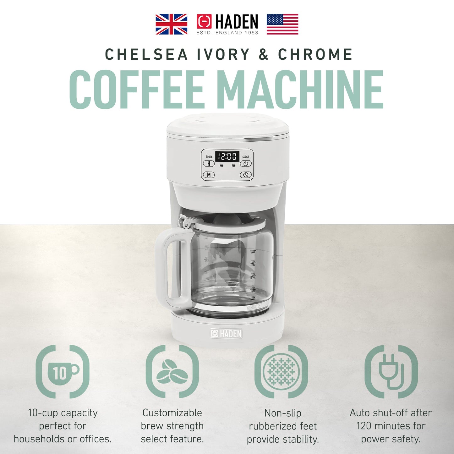 Haden Chelsea 10 Cup Digital Drip Coffee Maker with Glass Carafe, Ivory & Chrome