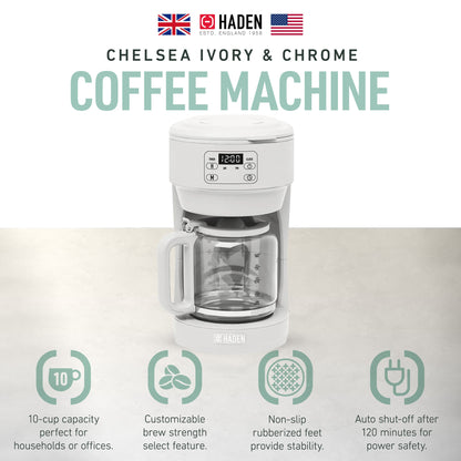 Haden Chelsea 10 Cup Digital Drip Coffee Maker with Glass Carafe, Ivory & Chrome