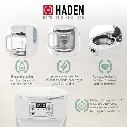 Haden Chelsea 10 Cup Digital Drip Coffee Maker with Glass Carafe, Ivory & Chrome