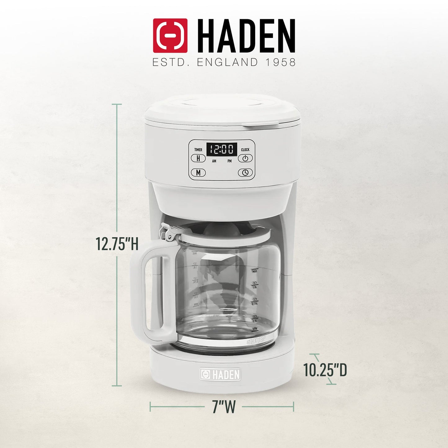 Haden Chelsea 10 Cup Digital Drip Coffee Maker with Glass Carafe, Ivory & Chrome
