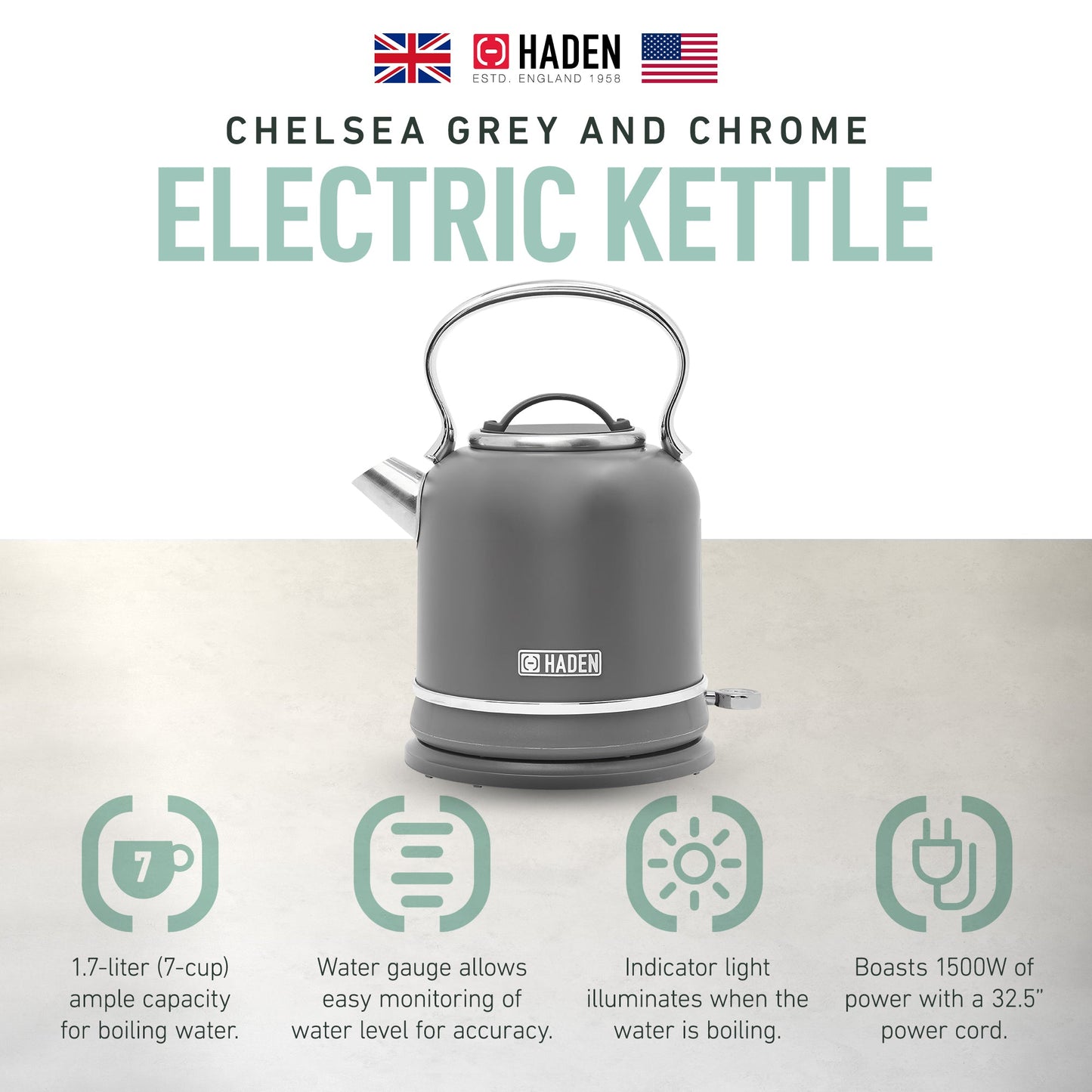 Haden Chelsea 1.7 Liter Electric Water Kettle w/ 360-Degree Base, Grey & Chrome