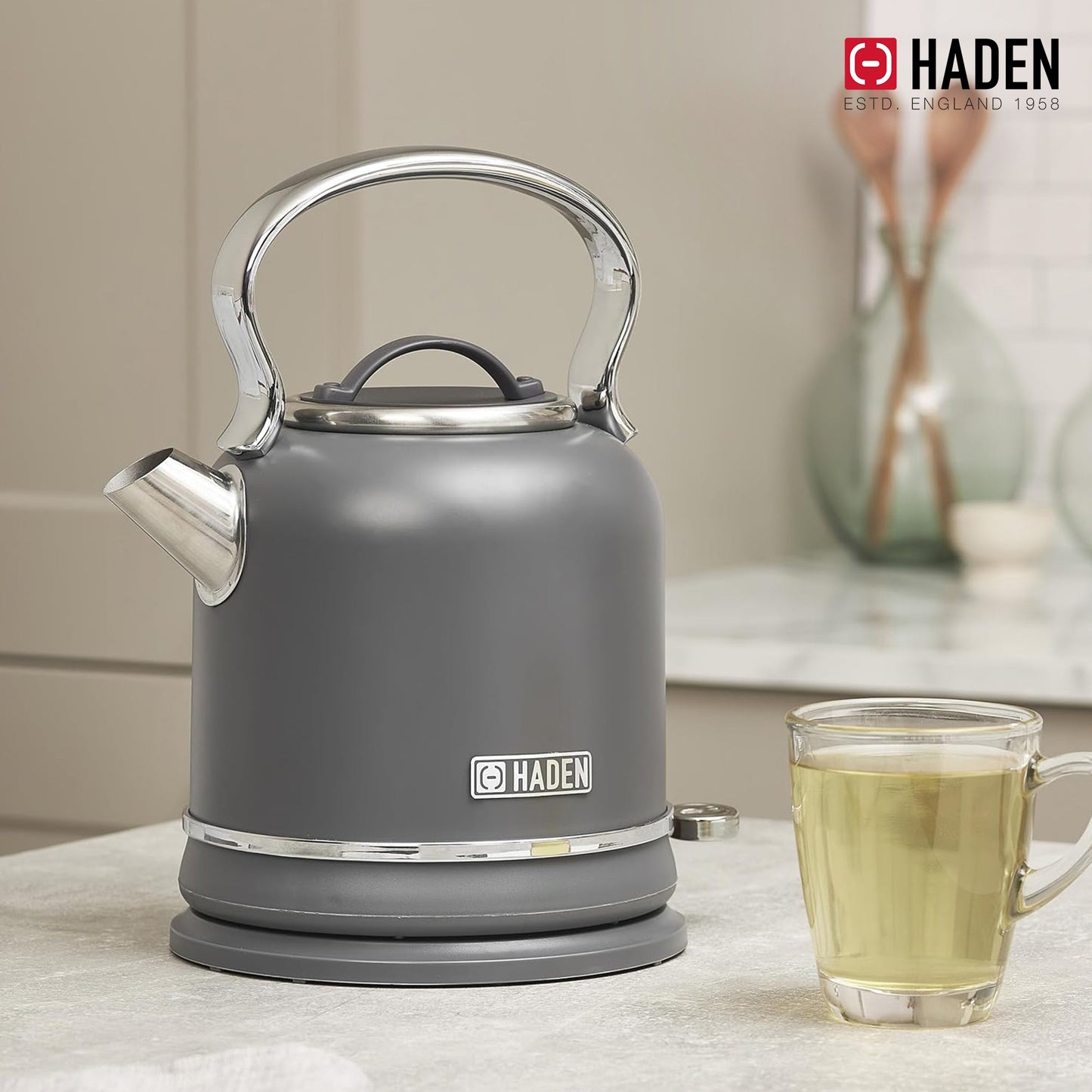 Haden Chelsea 1.7 Liter Electric Water Kettle w/ 360-Degree Base, Grey & Chrome