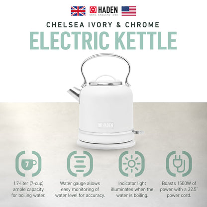 Haden Chelsea 1.7 Liter Electric Water Kettle w/ 360-Degree Base, Ivory & Chrome