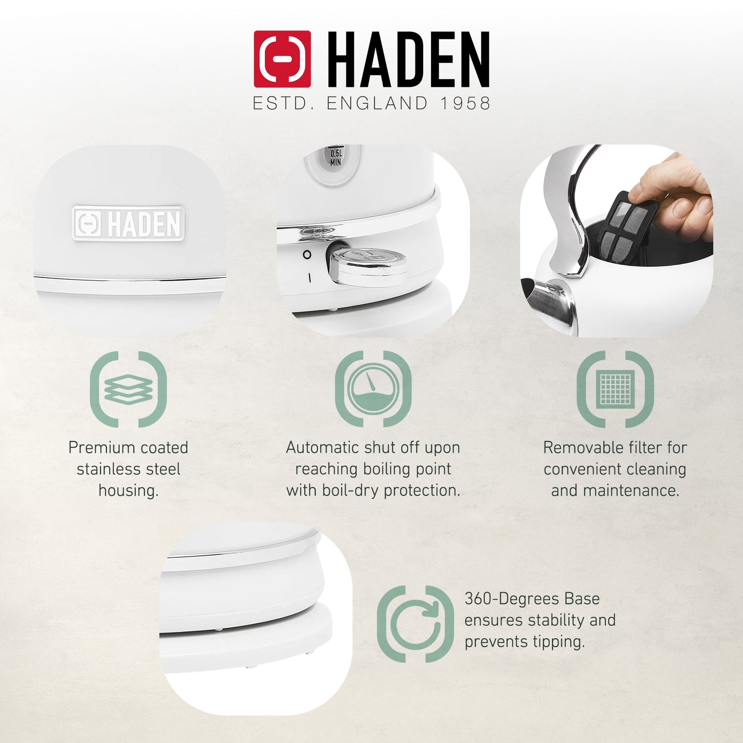 Haden Chelsea 1.7 Liter Electric Water Kettle w/ 360-Degree Base, Ivory & Chrome