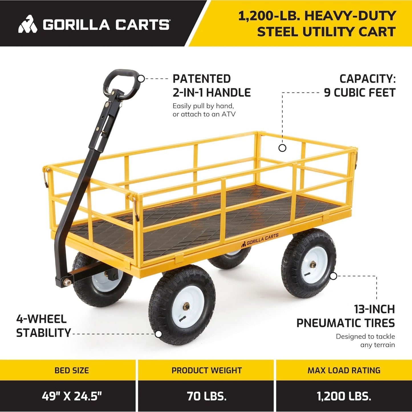 Gorilla Carts Heavy Duty Utility Cart, 1200 lb Outdoor Garden Wagon, Yellow