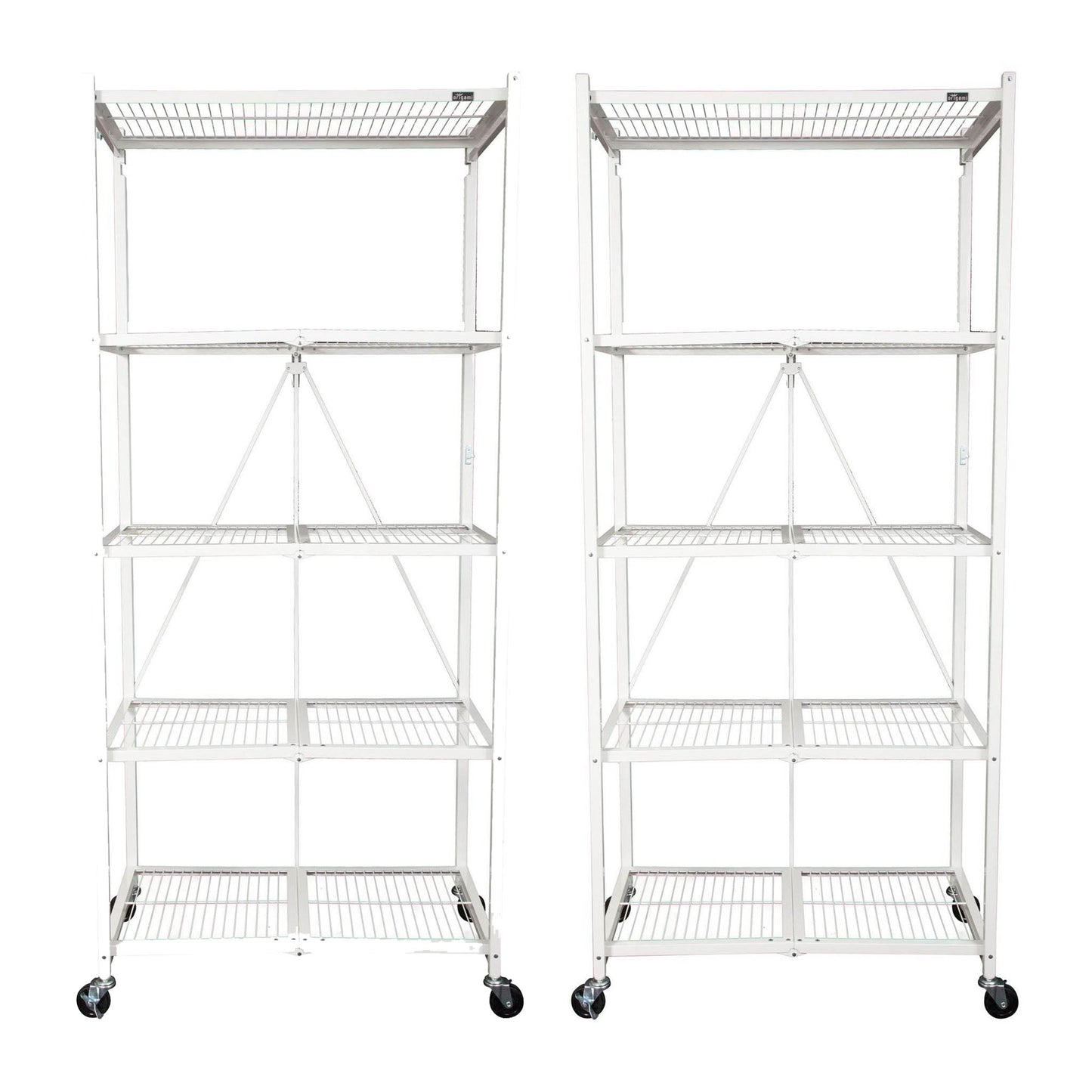 Origami 2 Pack Large Wheeled 5-Shelf Folding Steel Wire Shelving Rack, White