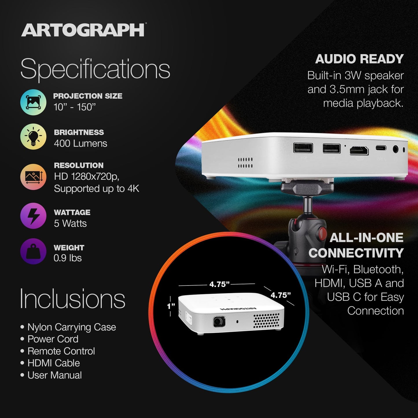 Artograph Smart HD Digital Art Projector with Remote, Wi Fi, and Case, White