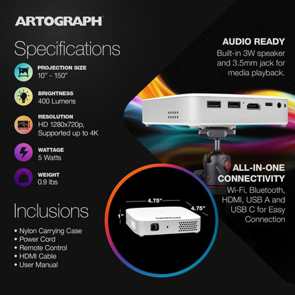 Artograph Smart HD Digital Art Projector with Remote, Wi Fi, and Case, White