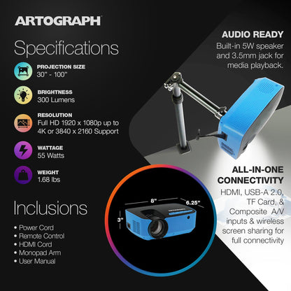 Artograph Smart HD Digital Art Projector, Wi Fi, Clamp Stand, Flare 100, Blue