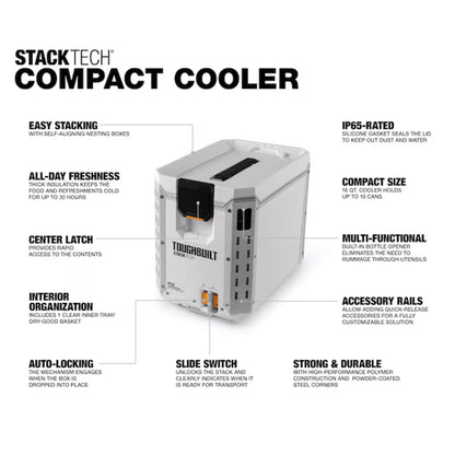 ToughBuilt StackTech Compact Cooler, Stackable 16 Qt Hard Shell Ice Chest, White