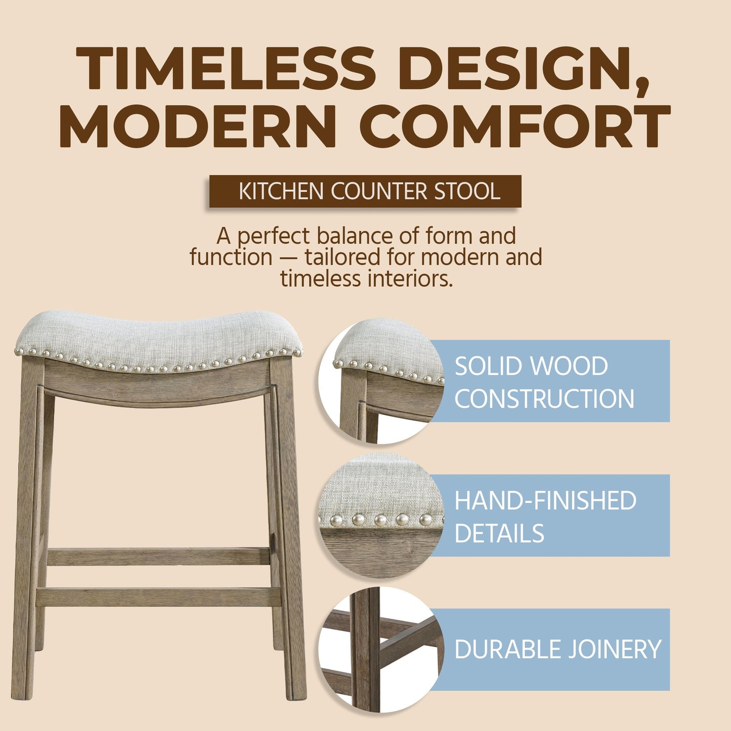 ROME + OAK Parker Backless Saddle Kitchen Counter Stool, Oak, Grey Upholstery