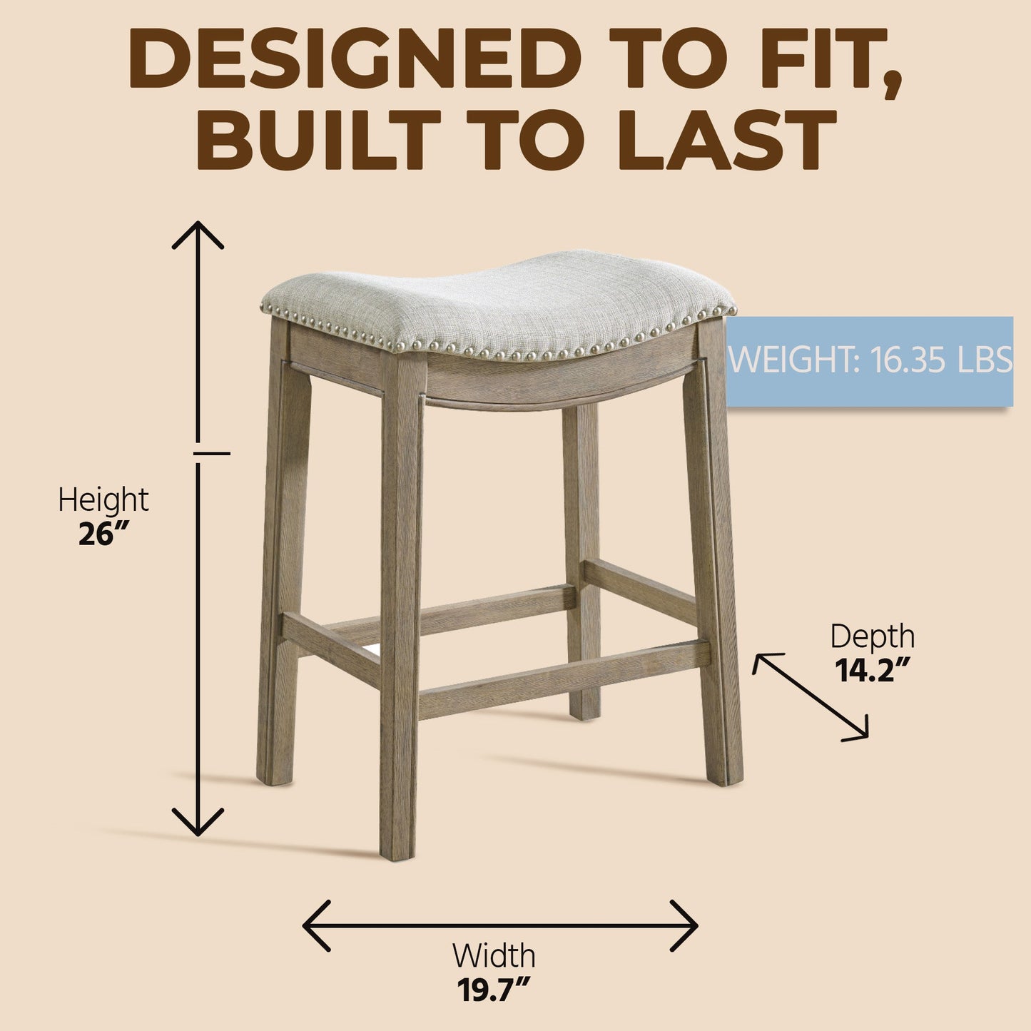 ROME + OAK Parker Backless Saddle Kitchen Counter Stool, Oak, Grey Upholstery