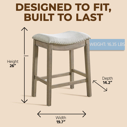 ROME + OAK Parker Backless Saddle Kitchen Counter Stool, Oak, Grey Upholstery