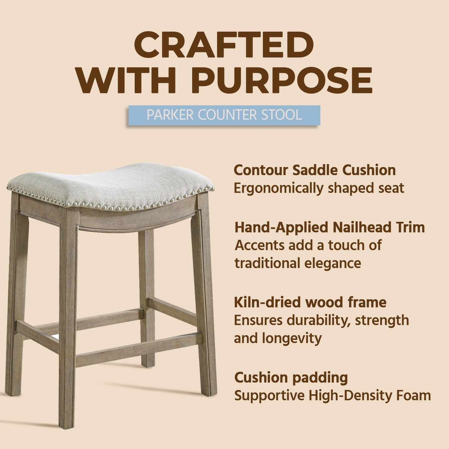 ROME + OAK Parker Backless Saddle Kitchen Counter Stool, Oak, Grey Upholstery