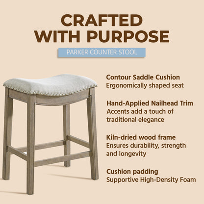 ROME + OAK Parker Backless Saddle Kitchen Counter Stool, Oak, Grey Upholstery