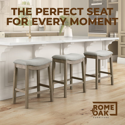 ROME + OAK Parker Backless Saddle Kitchen Counter Stool, Oak, Grey Upholstery