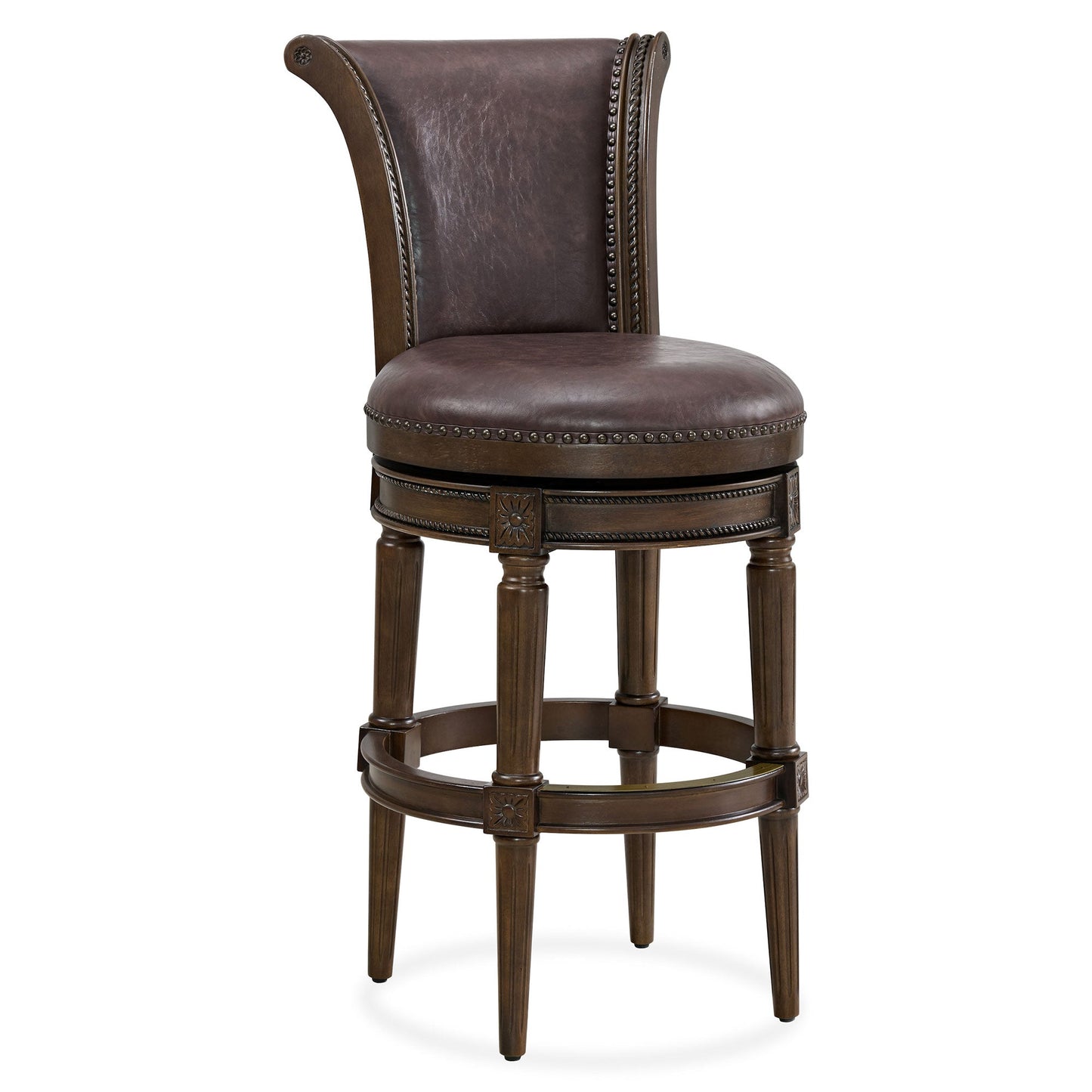 ROME + OAK Runyan Bar Stool, Dark Walnut Finish with Vintage Brown Vegan Leather