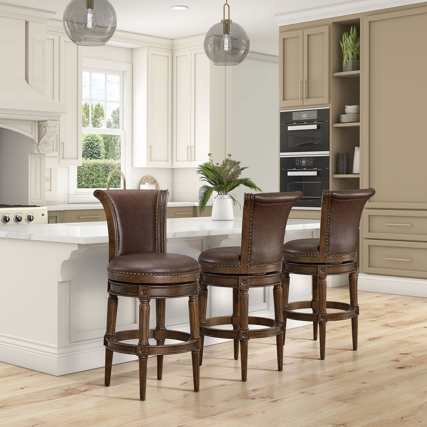 ROME + OAK Runyan Bar Stool, Dark Walnut Finish with Vintage Brown Vegan Leather