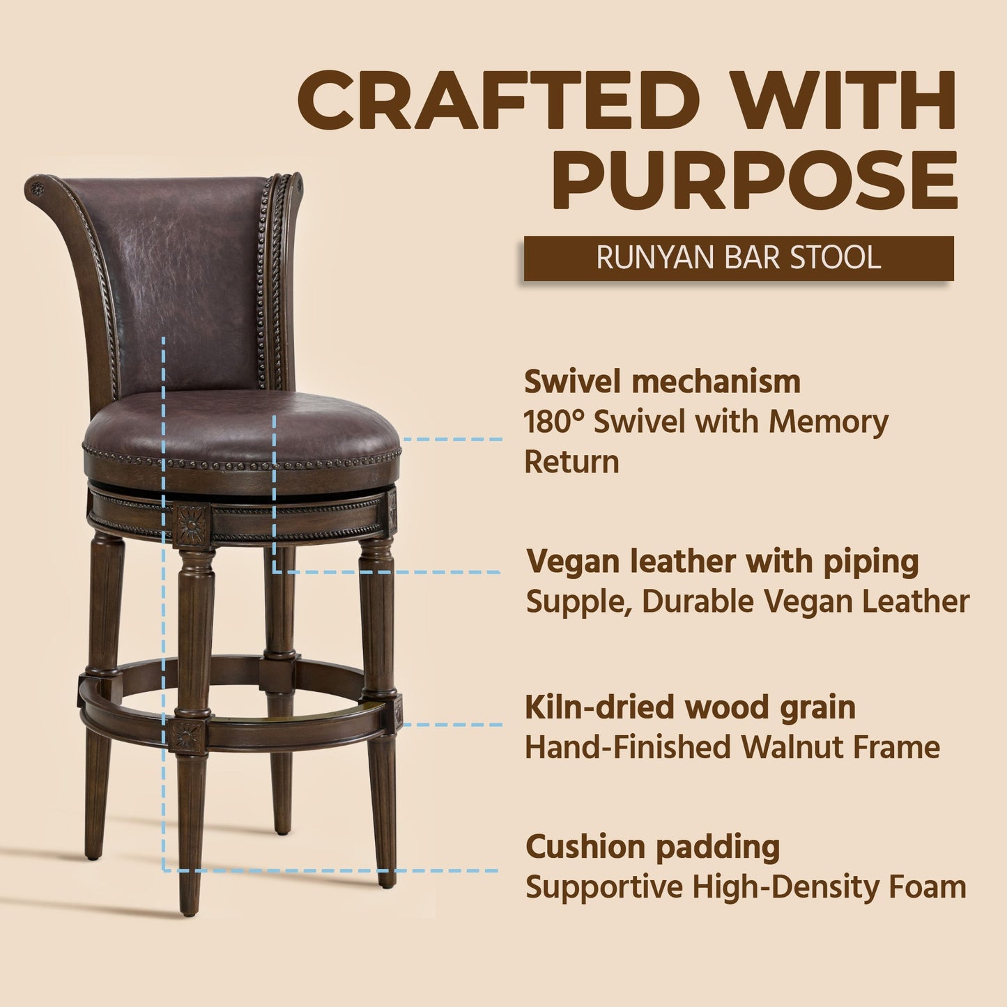 ROME + OAK Runyan Bar Stool, Dark Walnut Finish with Vintage Brown Vegan Leather