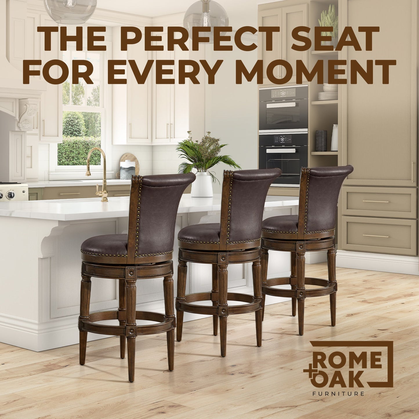 ROME + OAK Runyan Bar Stool, Dark Walnut Finish with Vintage Brown Vegan Leather