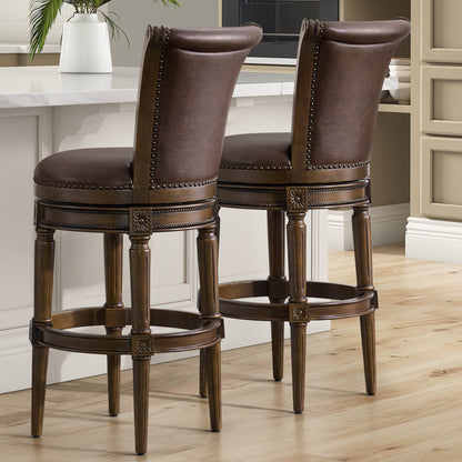 ROME + OAK Runyan Bar Stool, Dark Walnut Finish with Vintage Brown Vegan Leather