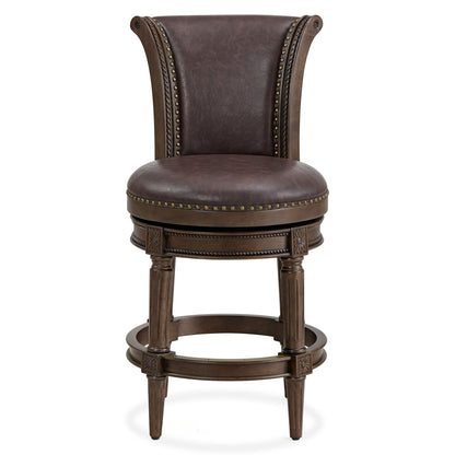 ROME + OAK Runyan Counter Stool, Dark Walnut Finish, Vintage Brown Vegan Leather