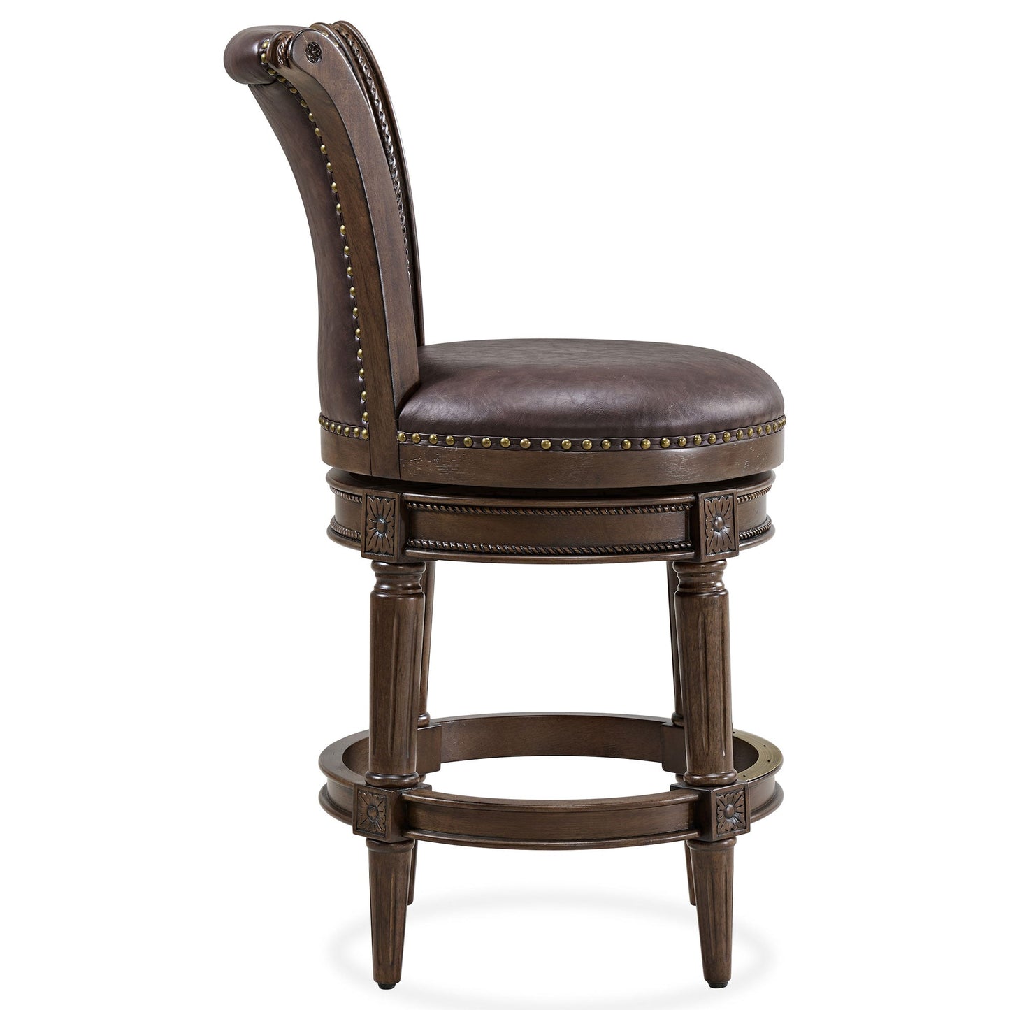 ROME + OAK Runyan Counter Stool, Dark Walnut Finish, Vintage Brown Vegan Leather