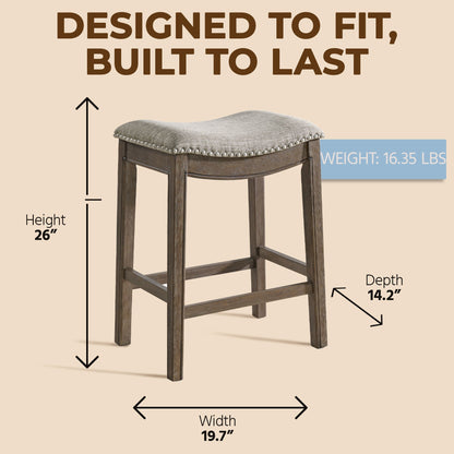 ROME + OAK Parker Backless Saddle Kitchen Counter Stool, Walnut, Grey Upholstery