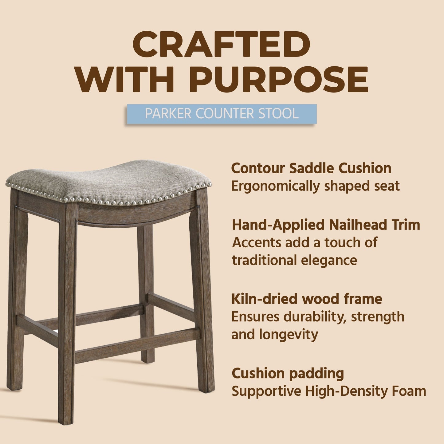 ROME + OAK Parker Backless Saddle Kitchen Counter Stool, Walnut, Grey Upholstery