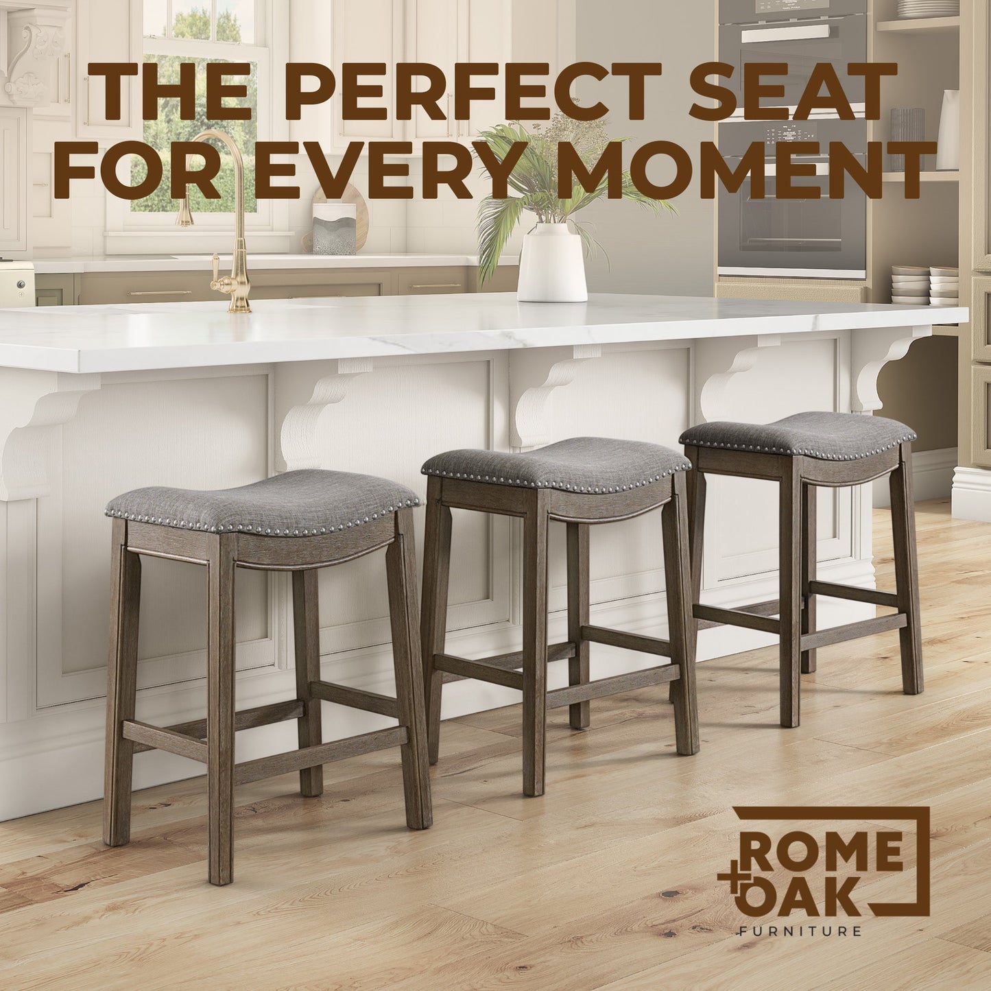 ROME + OAK Parker Backless Saddle Kitchen Counter Stool, Walnut, Grey Upholstery