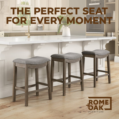 ROME + OAK Parker Backless Saddle Kitchen Counter Stool, Walnut, Grey Upholstery