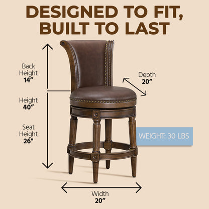 ROME + OAK Runyan Counter Stool, Dark Walnut Finish, Vintage Brown Vegan Leather