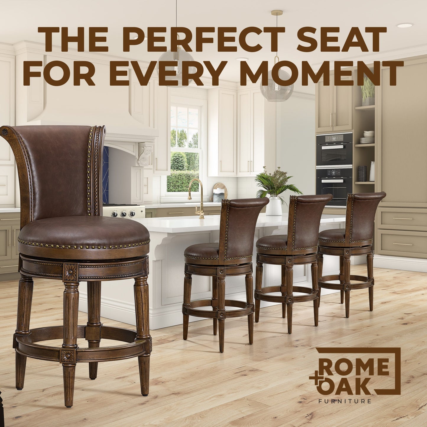 ROME + OAK Runyan Counter Stool, Dark Walnut Finish, Vintage Brown Vegan Leather